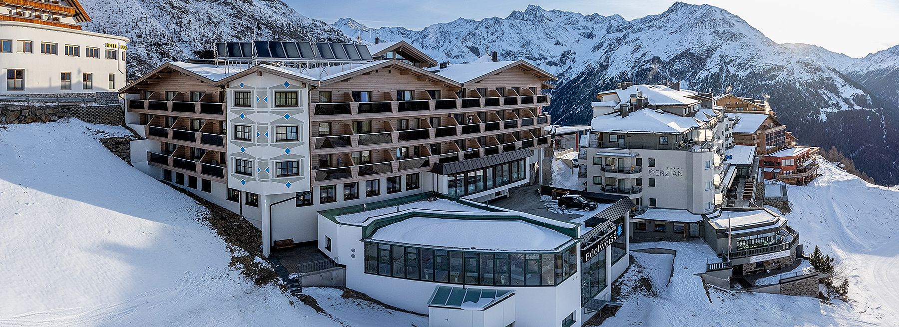 Drone view of the Edelweiss ski hotel in Hochsölden